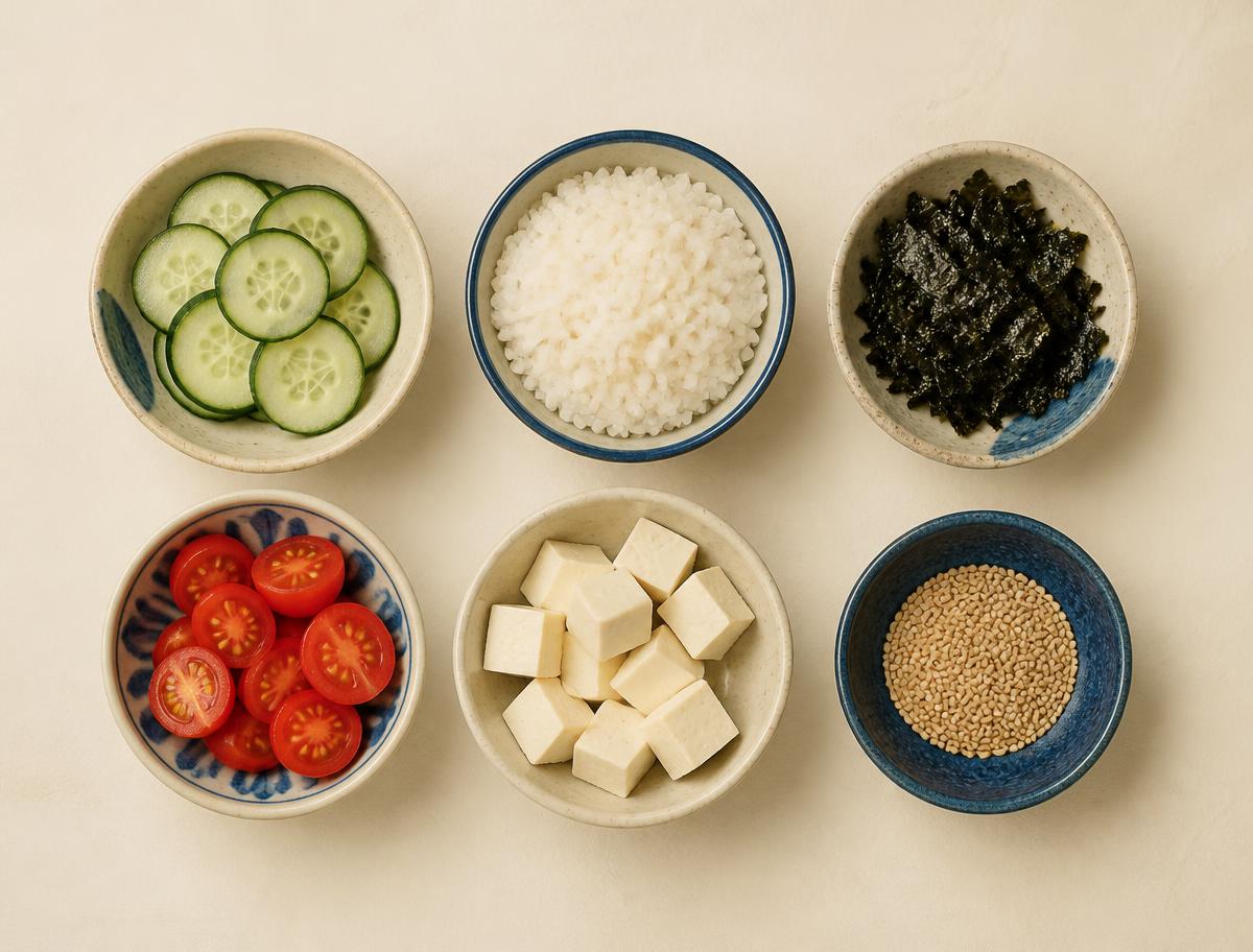 Prep bowls of cucumber, rice, seaweed, tomatoes, tofu and sesame arranged in a grid